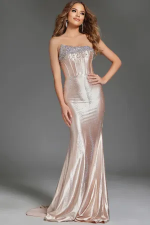 Jovani D5100 Metallic corset Crystal Prom Dress asymmetrical neckline formal pageant gown