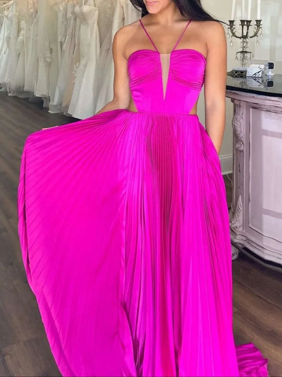 Kimia |  A-Line Straps Royal Blue Pleated Chiffon Long Formal Dress with Bow Back