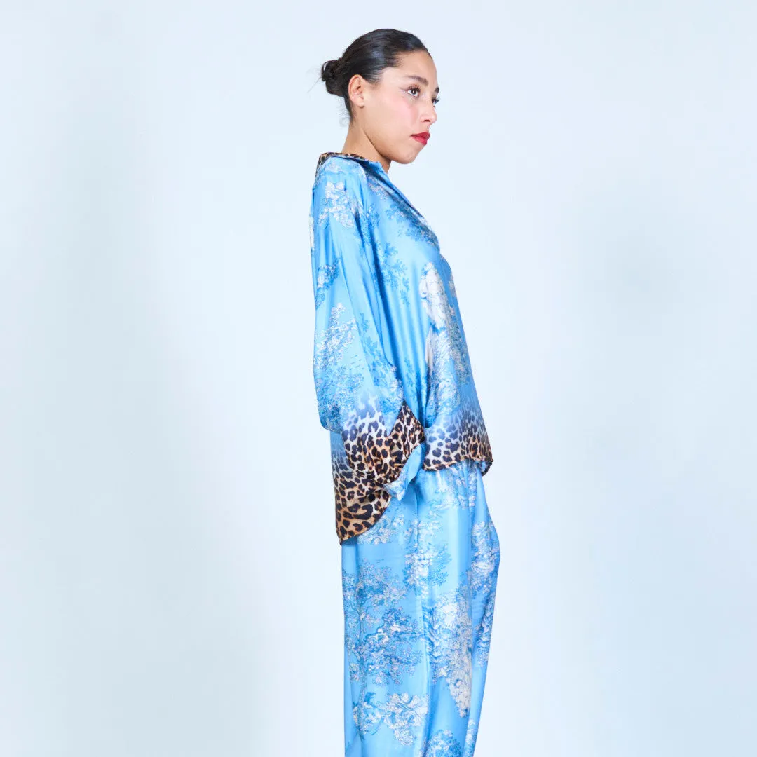 Leopard trim printed silk touch blouse wholesale