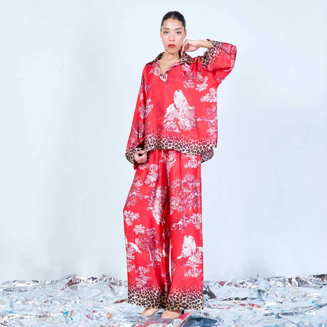 Leopard trim printed silk touch blouse wholesale