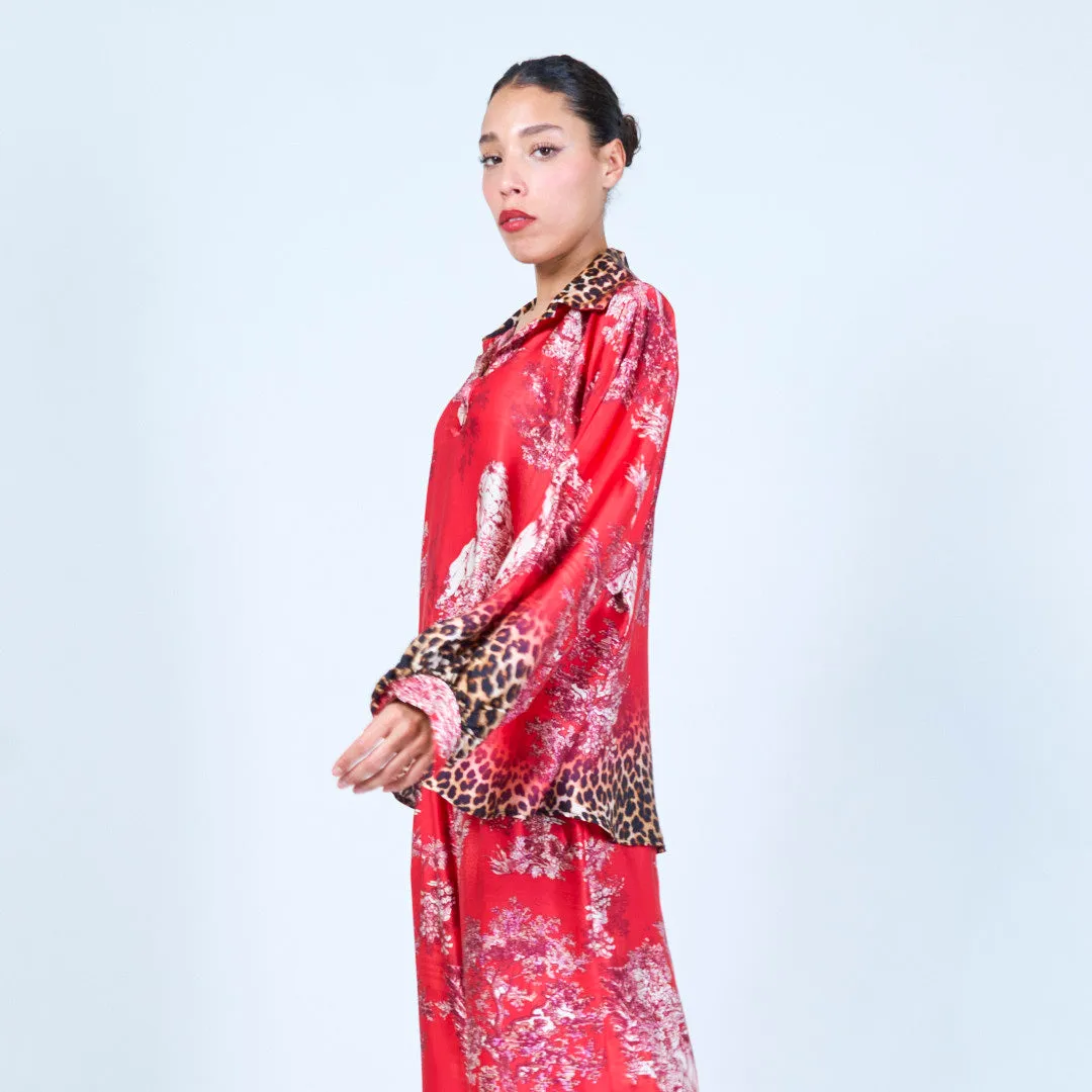 Leopard trim printed silk touch blouse wholesale