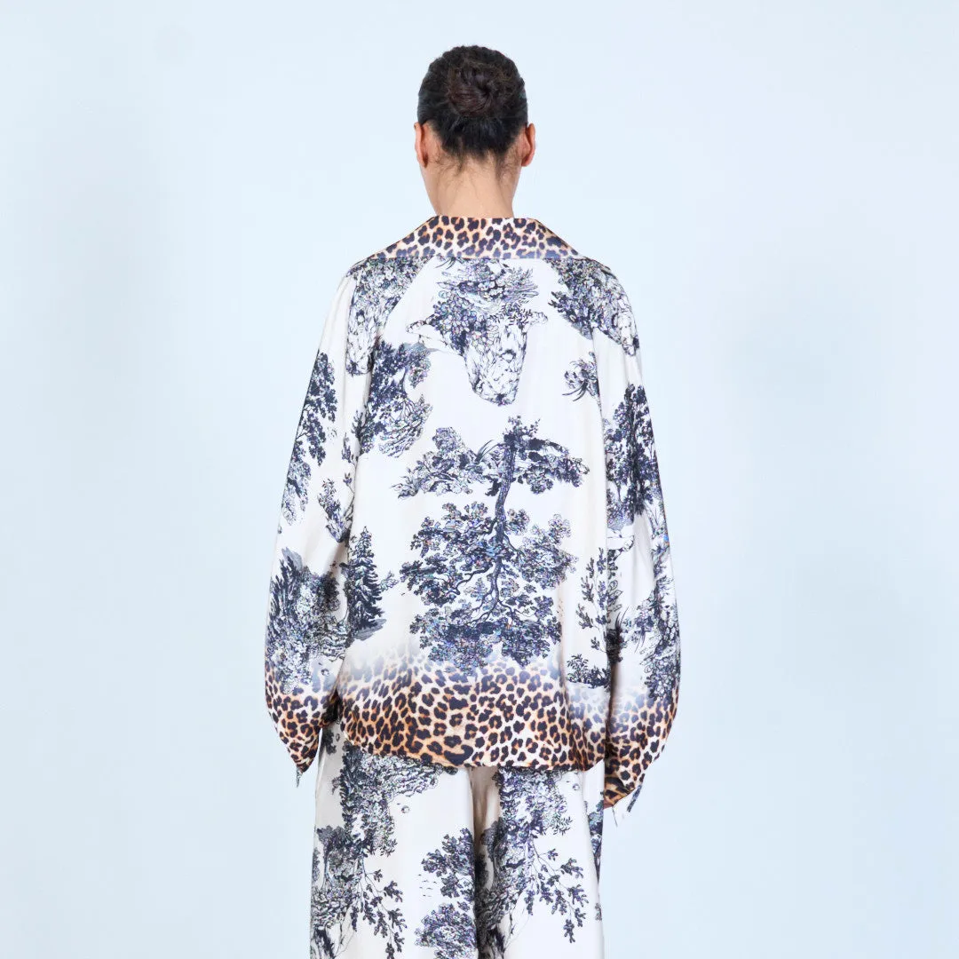 Leopard trim printed silk touch blouse wholesale