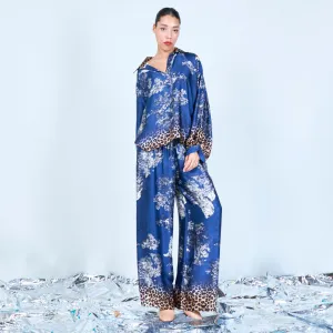 Leopard trim printed silk touch blouse wholesale