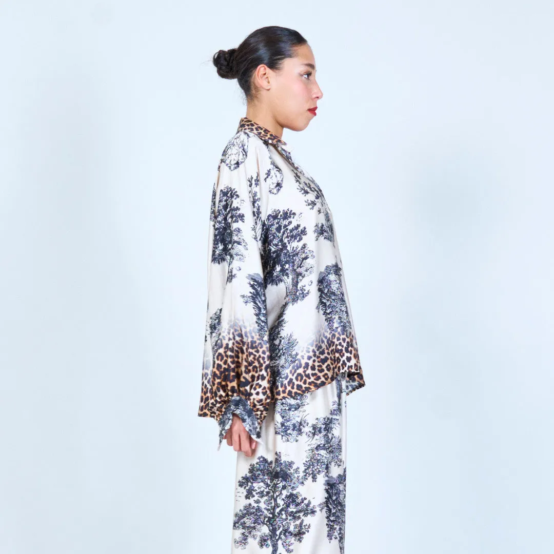 Leopard trim printed silk touch blouse wholesale