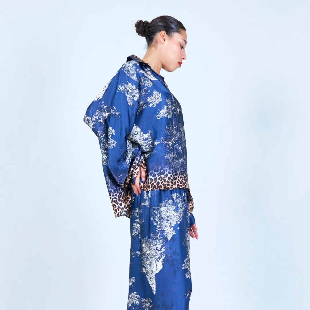 Leopard trim printed silk touch blouse wholesale