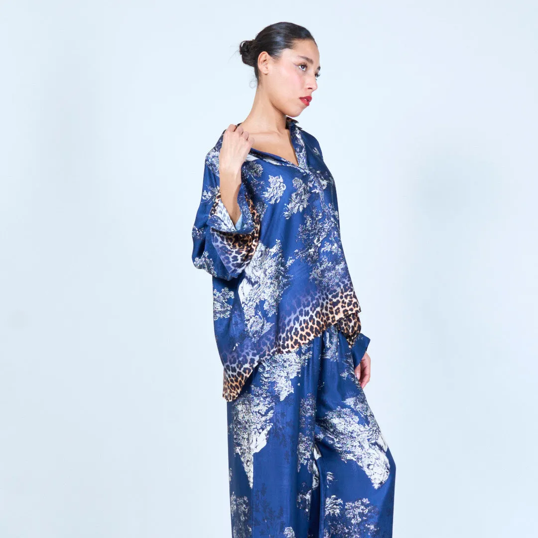 Leopard trim printed silk touch blouse wholesale