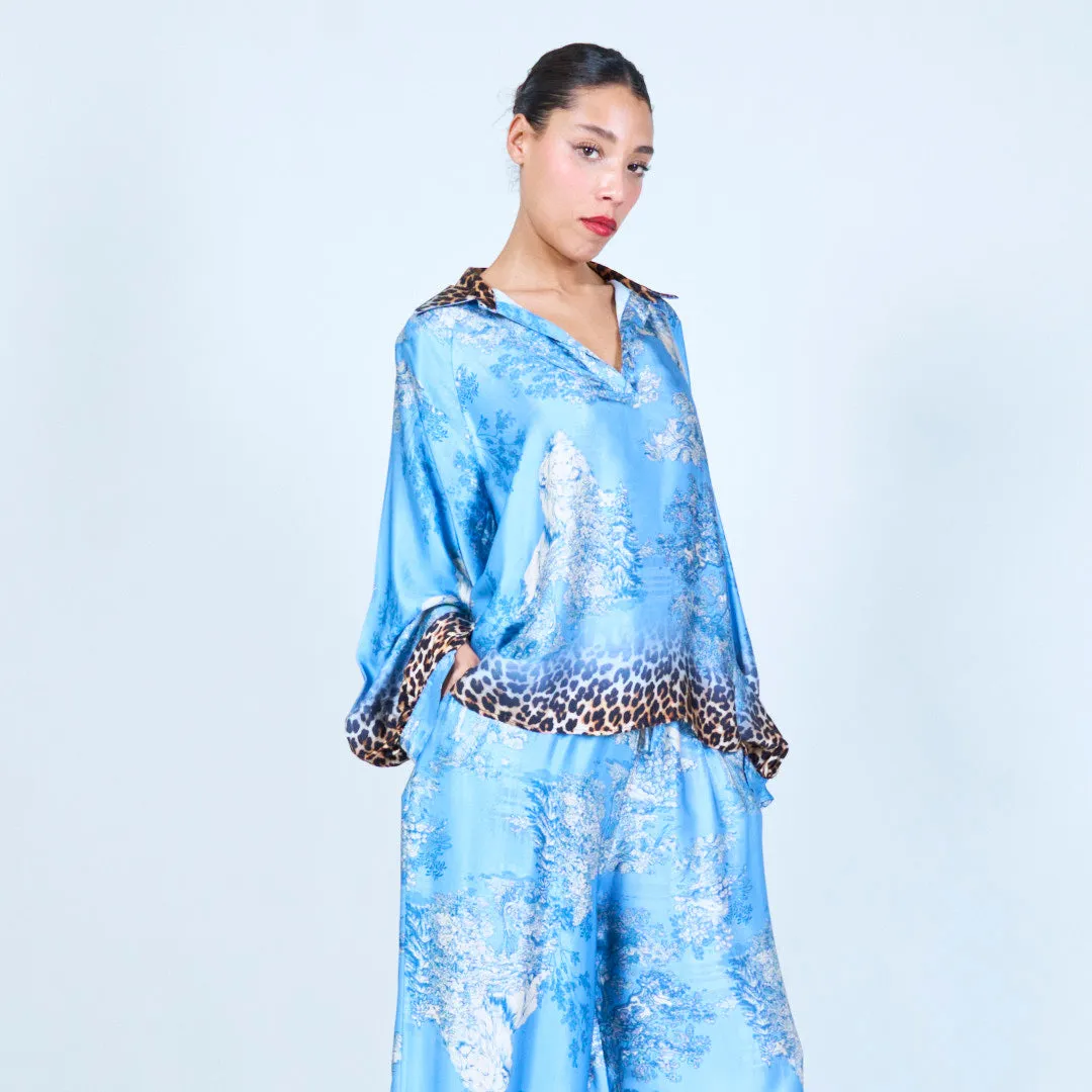 Leopard trim printed silk touch blouse wholesale