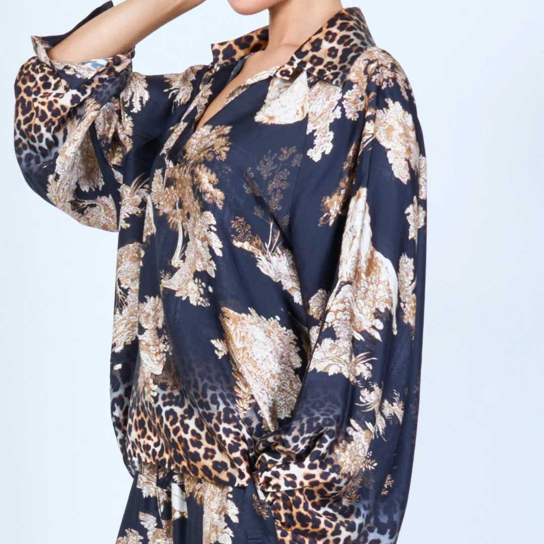 Leopard trim printed silk touch blouse wholesale