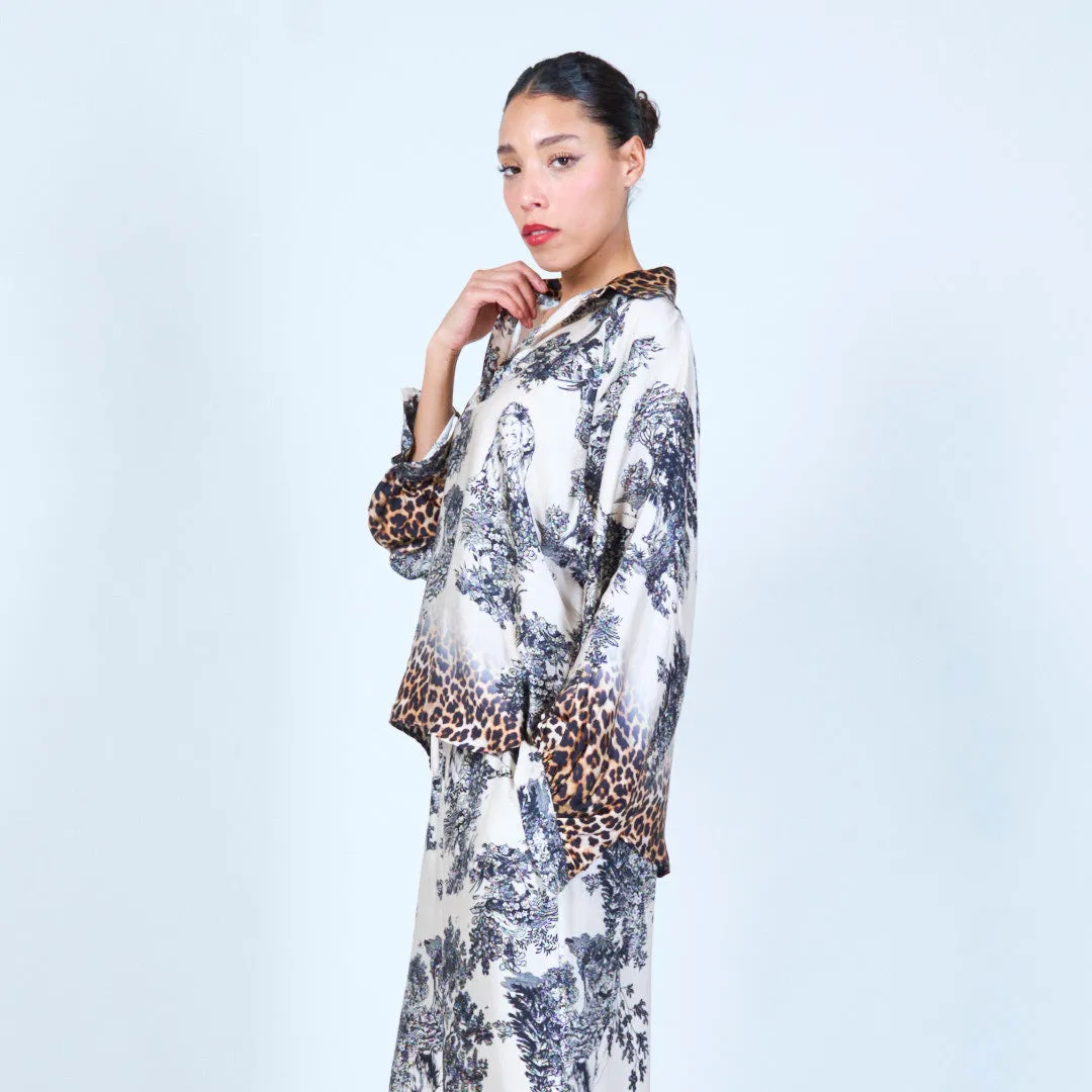 Leopard trim printed silk touch blouse wholesale