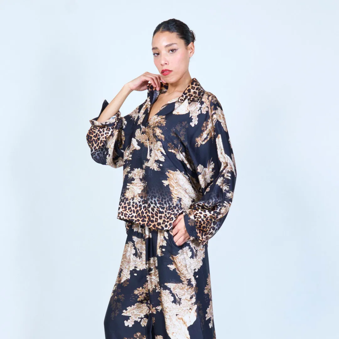 Leopard trim printed silk touch blouse wholesale