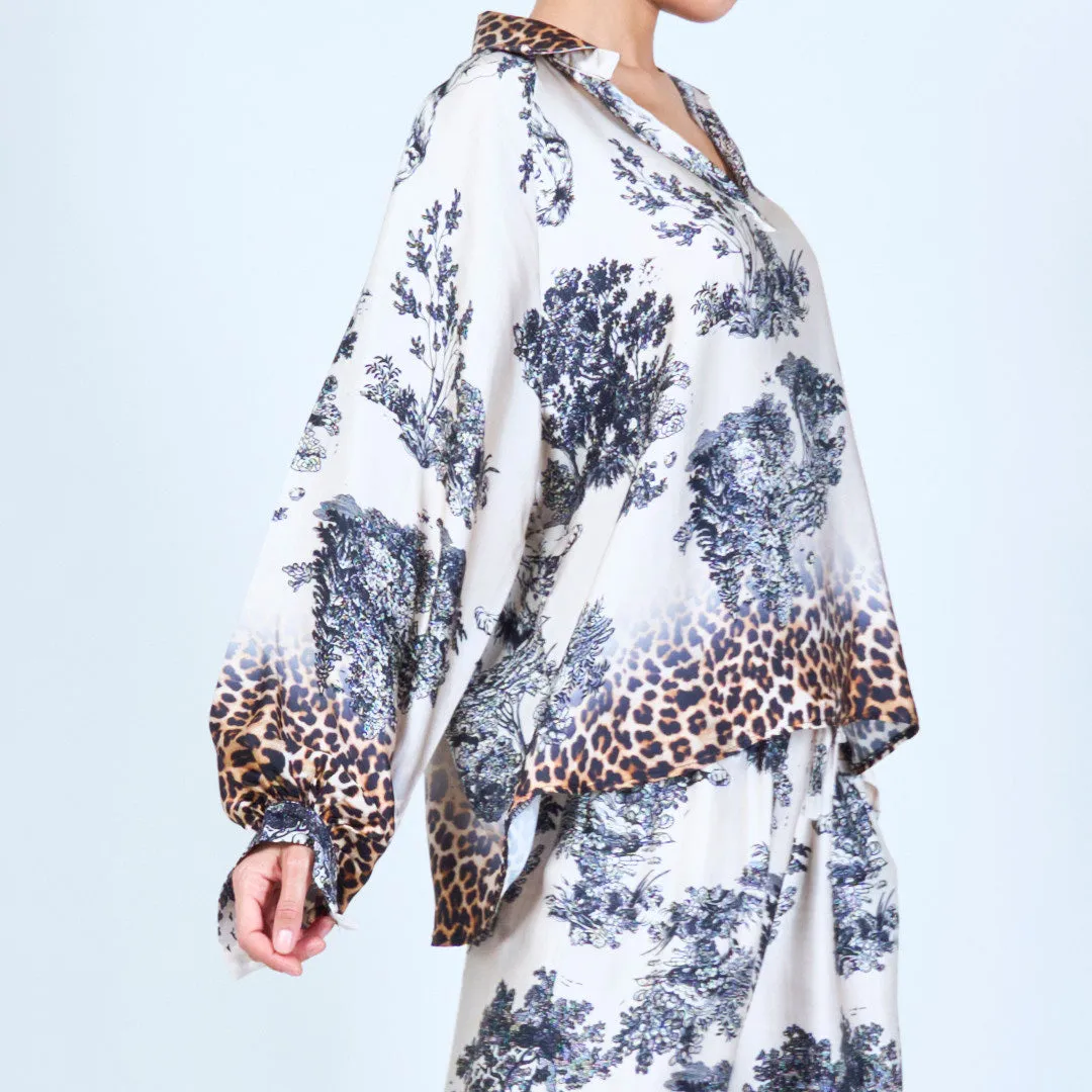Leopard trim printed silk touch blouse wholesale