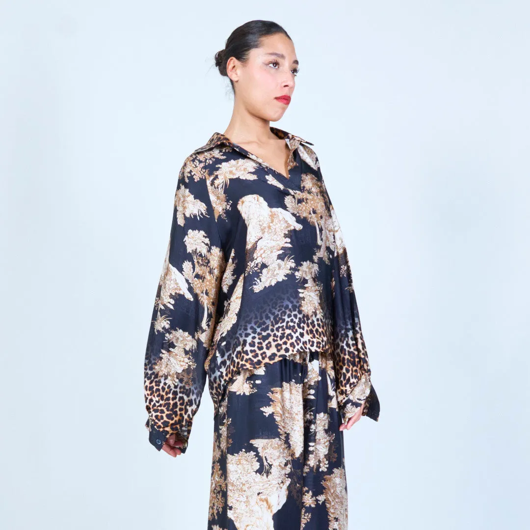Leopard trim printed silk touch blouse wholesale
