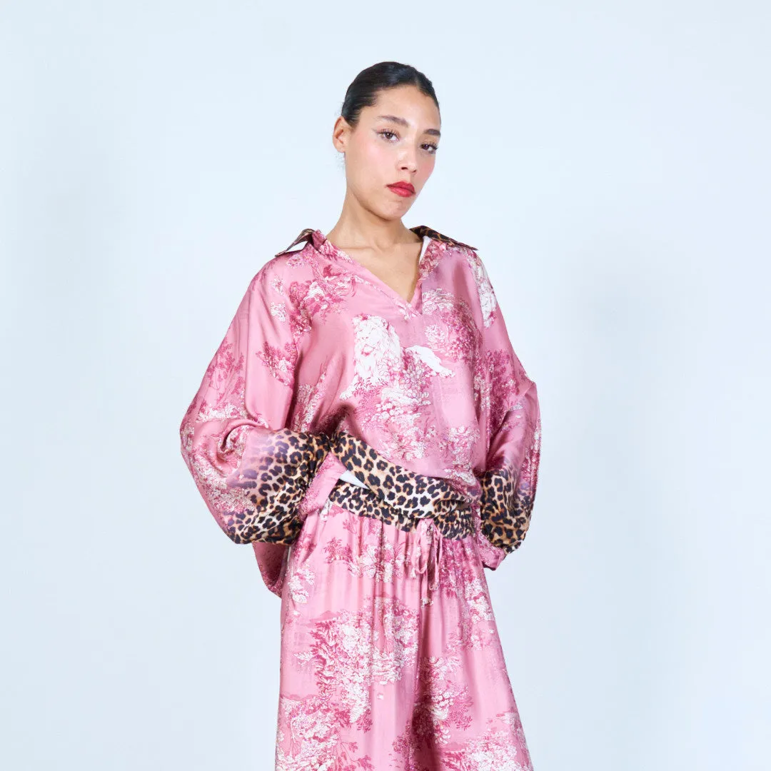 Leopard trim printed silk touch blouse wholesale