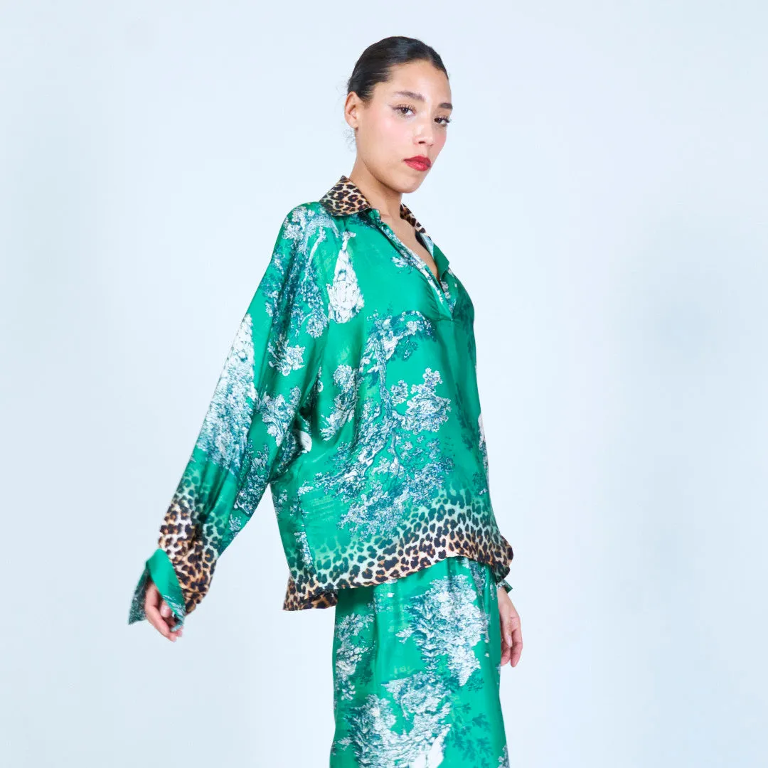 Leopard trim printed silk touch blouse wholesale