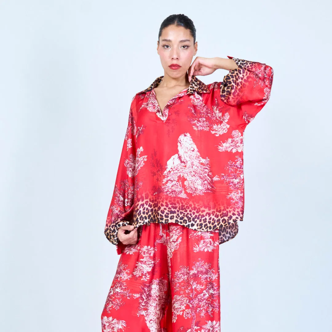 Leopard trim printed silk touch blouse wholesale