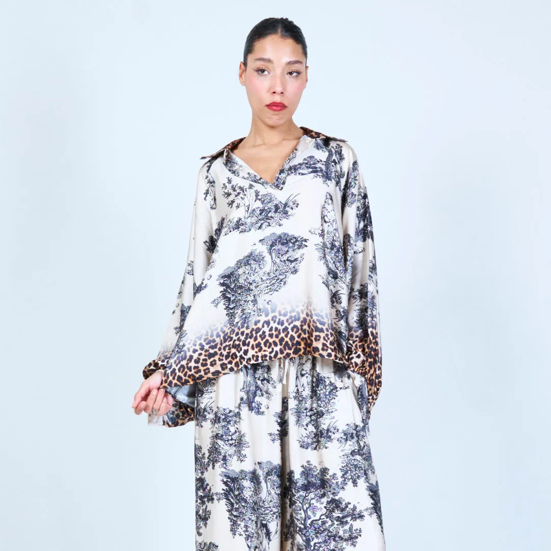 Leopard trim printed silk touch blouse wholesale