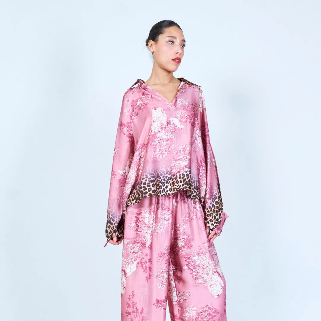 Leopard trim printed silk touch blouse wholesale