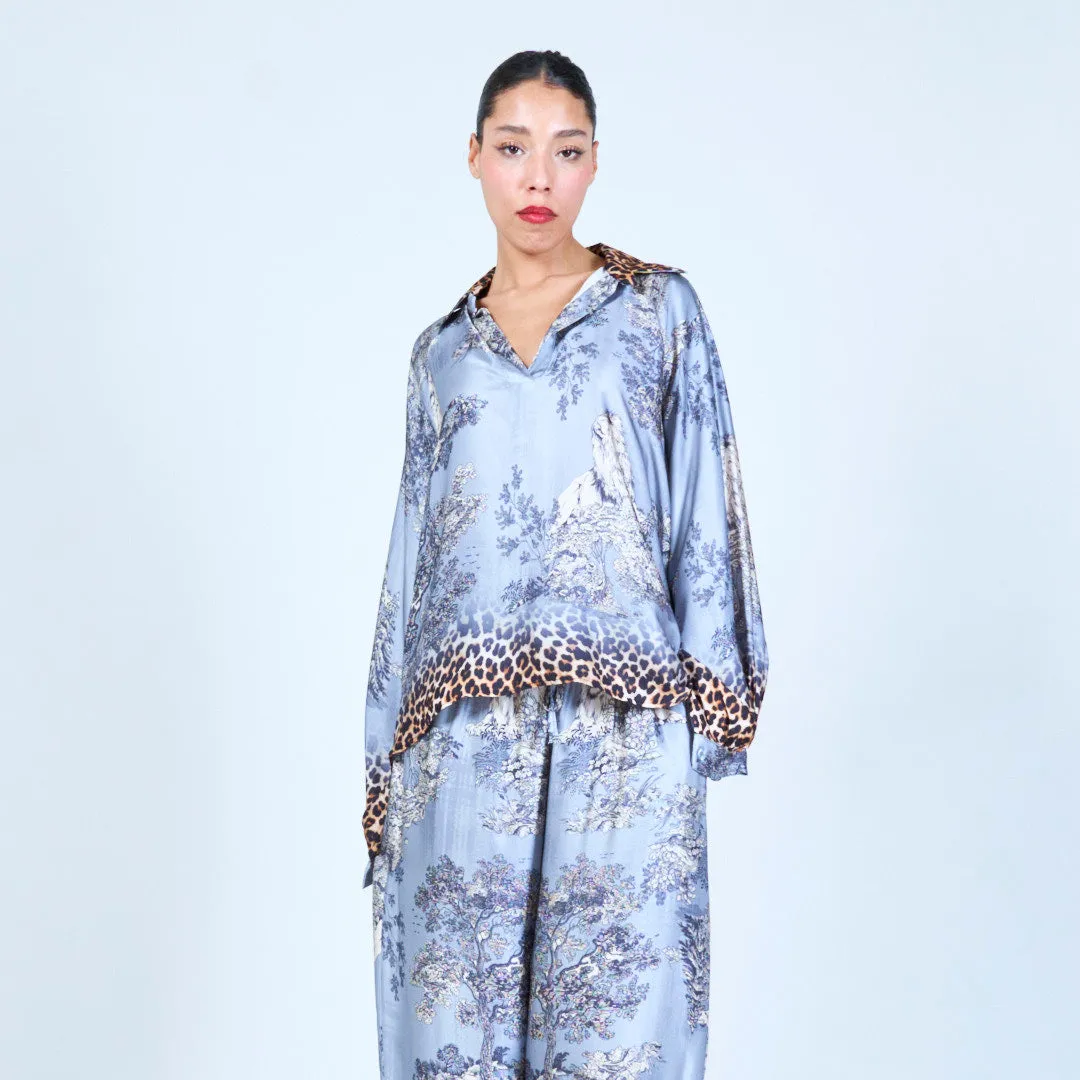 Leopard trim printed silk touch blouse wholesale