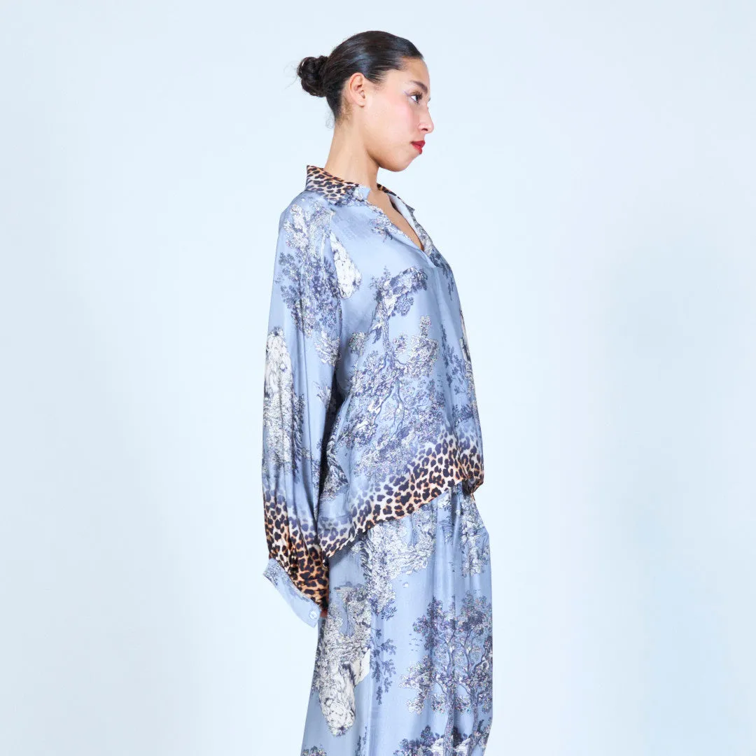 Leopard trim printed silk touch blouse wholesale