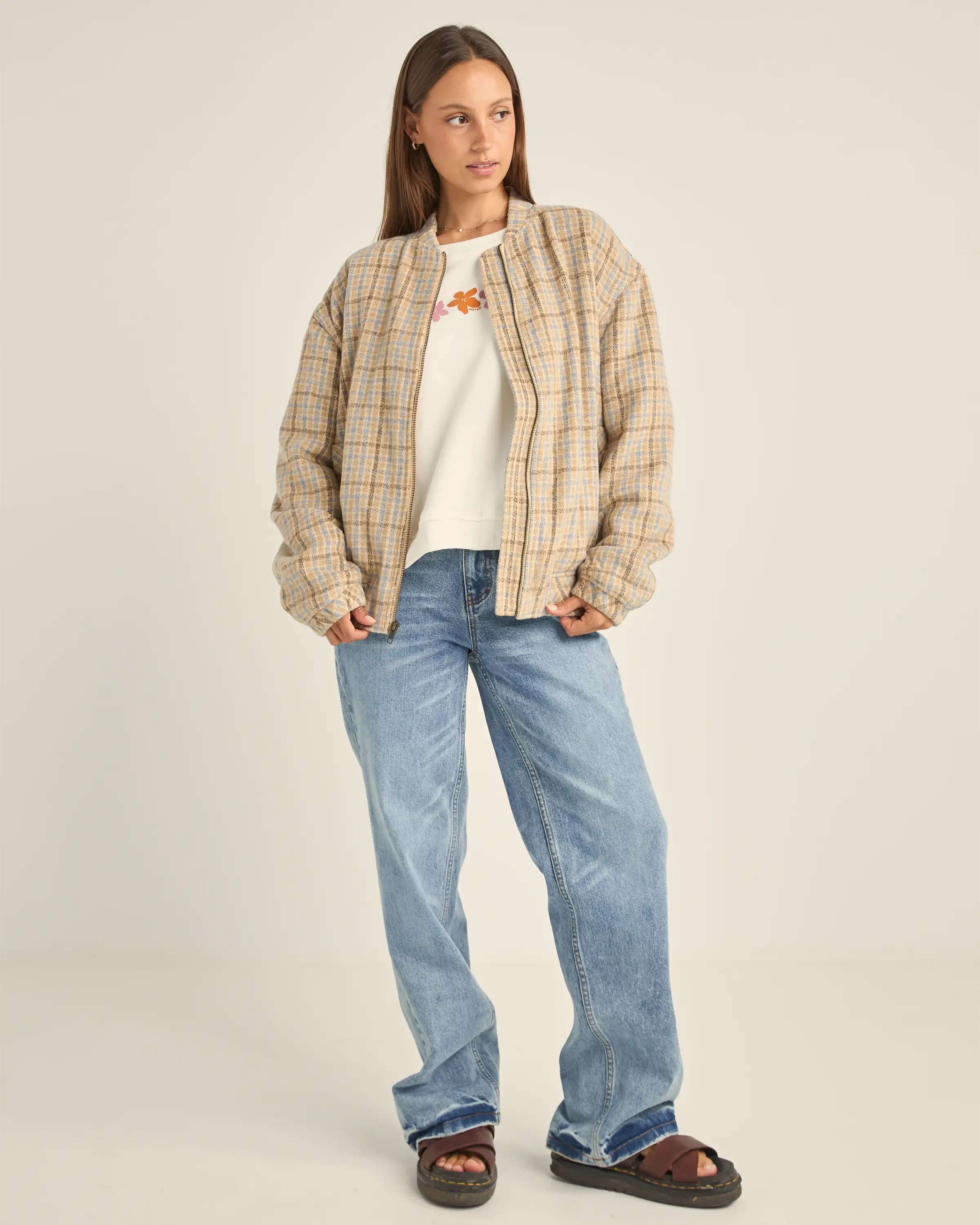 Luca Oversized Check Bomber Jacket in Blue