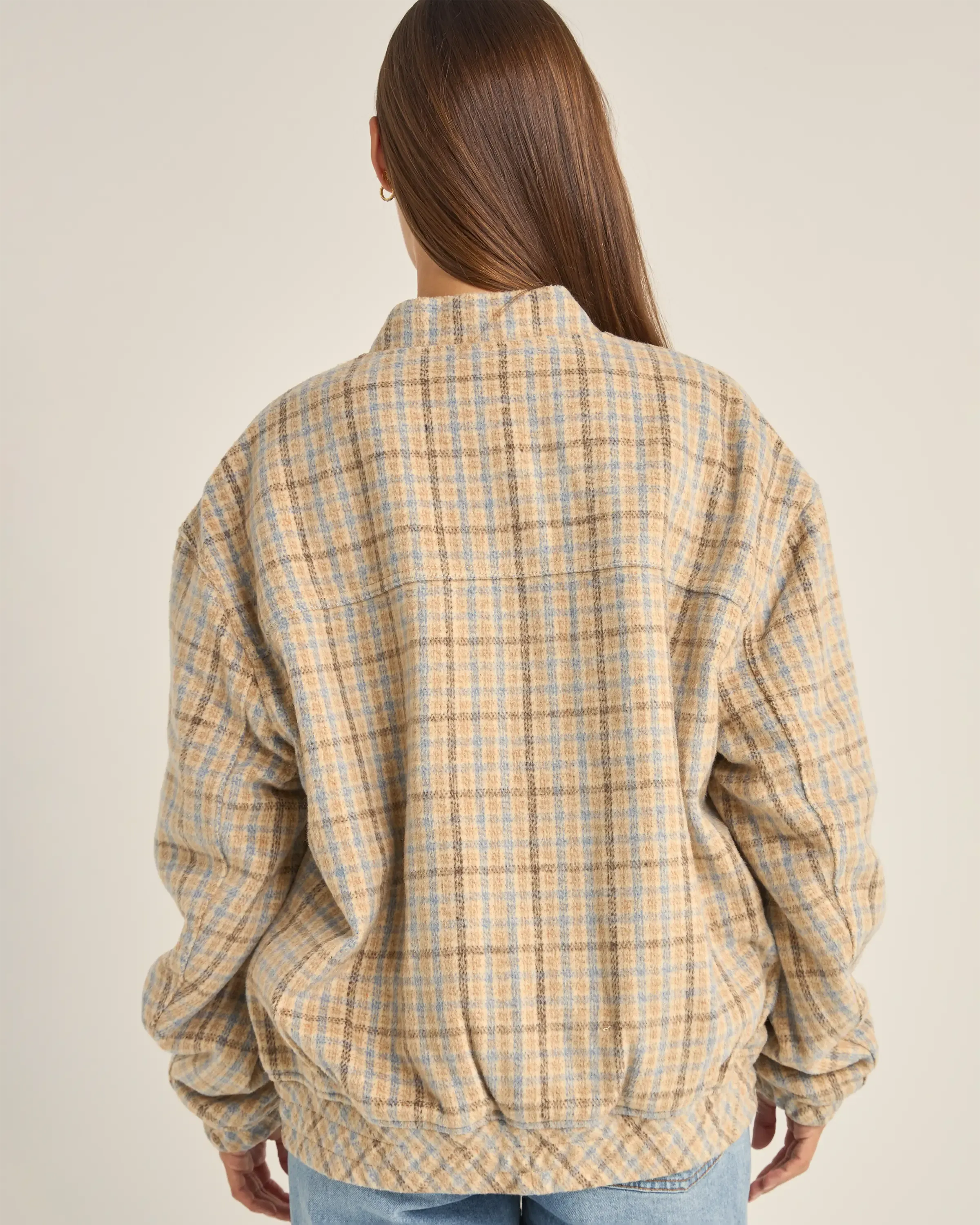 Luca Oversized Check Bomber Jacket in Blue