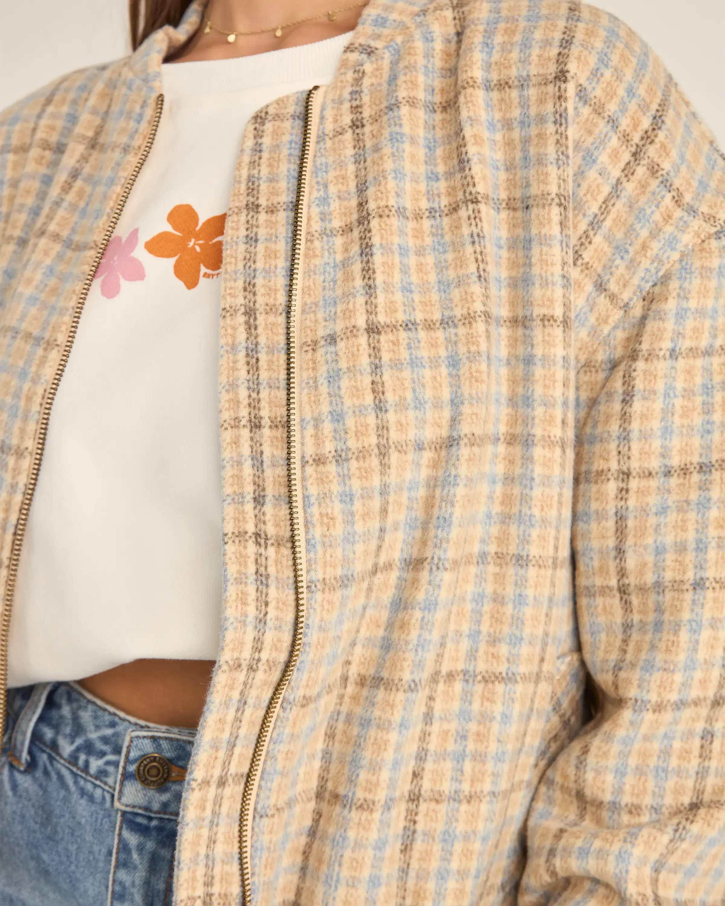 Luca Oversized Check Bomber Jacket in Blue