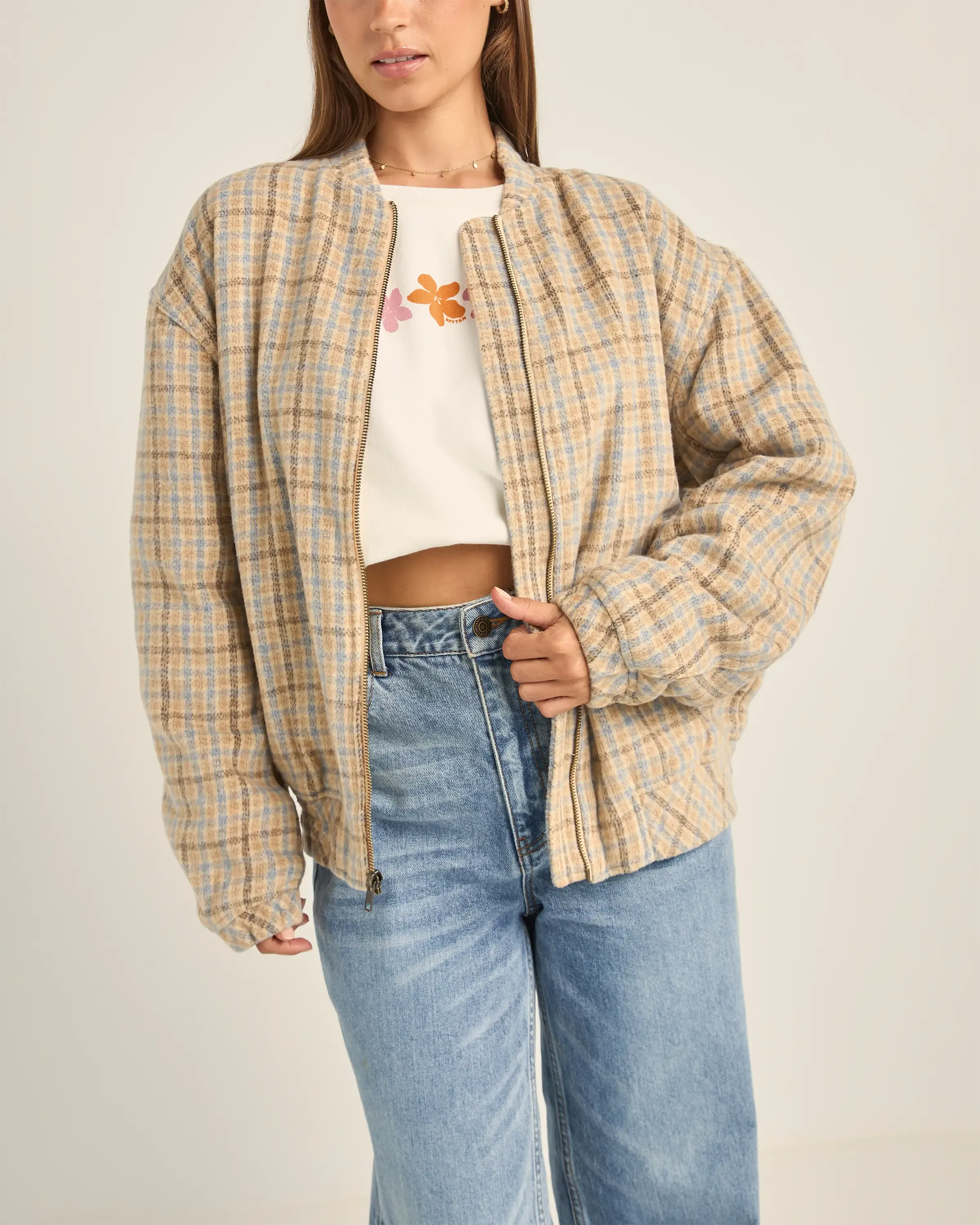 Luca Oversized Check Bomber Jacket in Blue