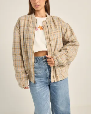 Luca Oversized Check Bomber Jacket in Blue