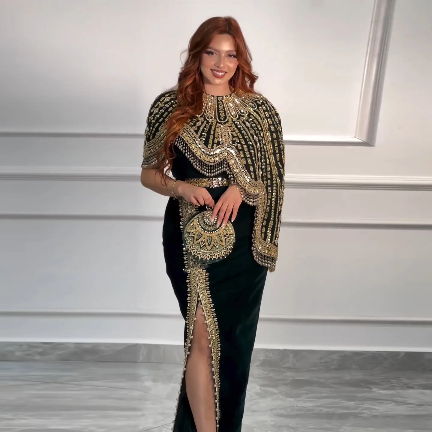 Luxury Black Two Pieces Evening Dress with Gold Beaded SS367