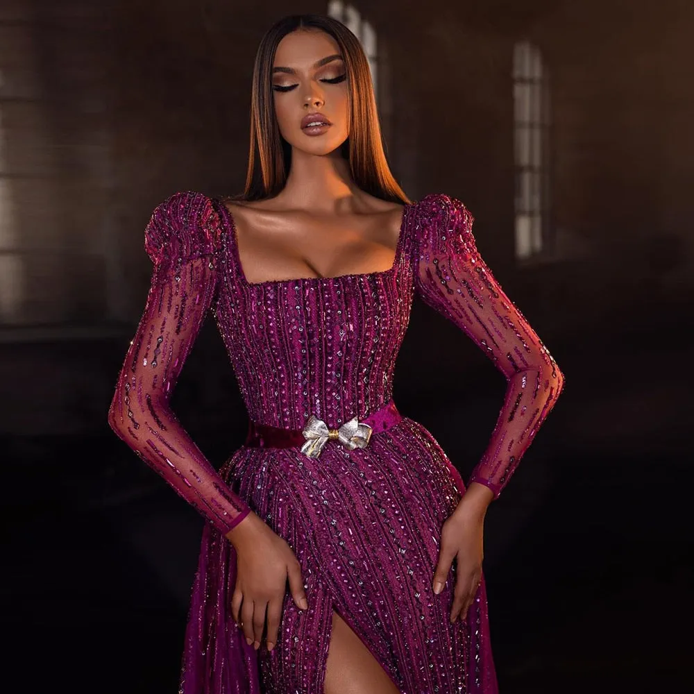 Luxury Fuchsia Long Sleeve Evening Dress with Overskirt SS318
