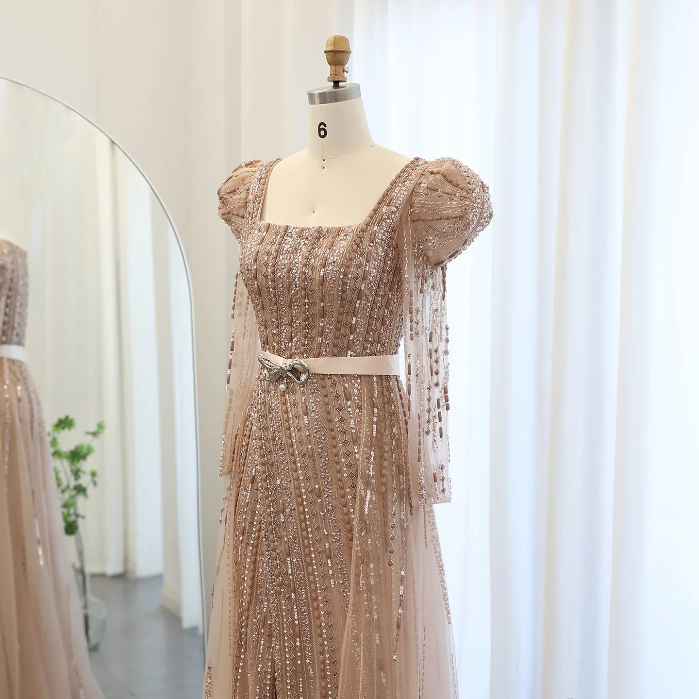 Luxury Fuchsia Long Sleeve Evening Dress with Overskirt SS318