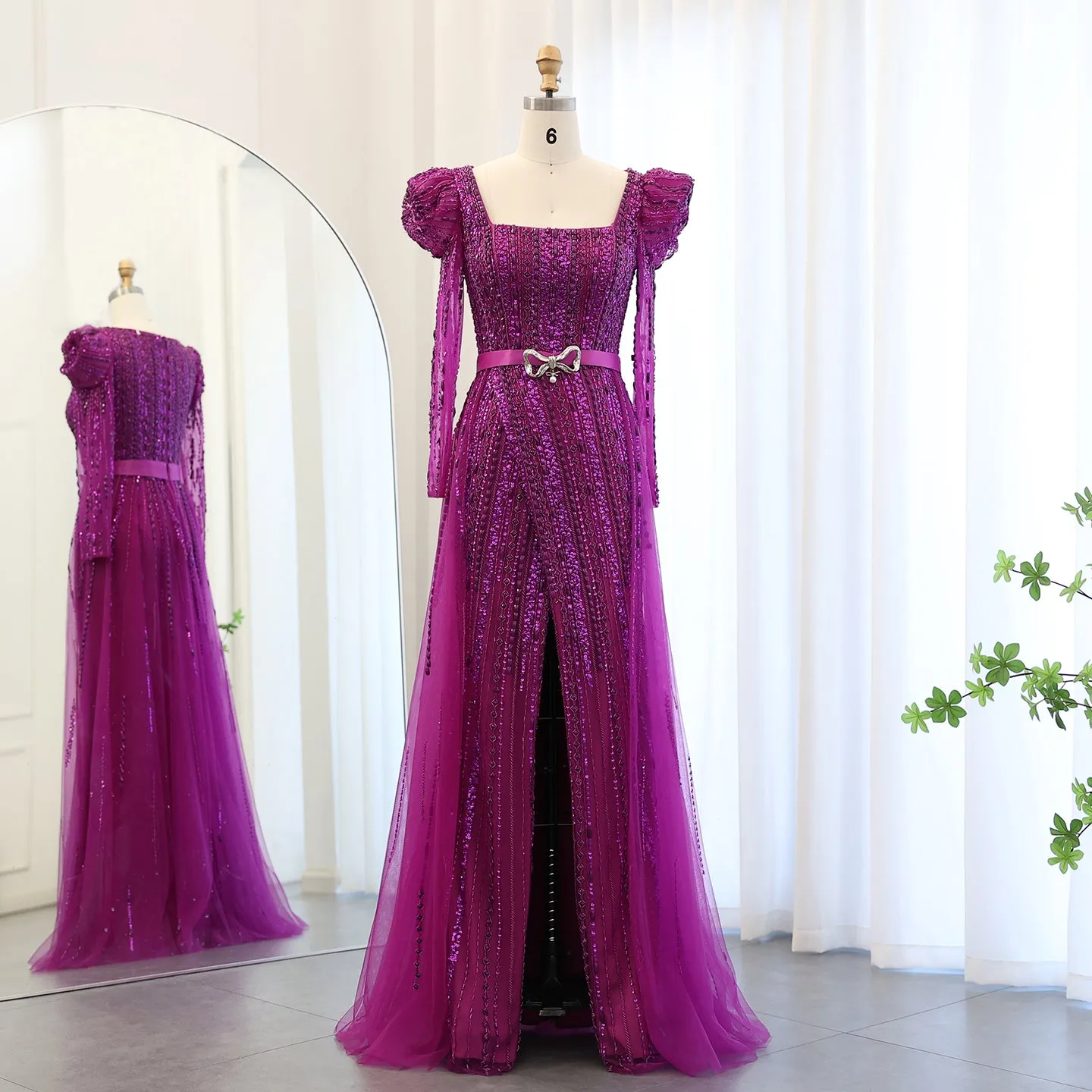 Luxury Fuchsia Long Sleeve Evening Dress with Overskirt SS318