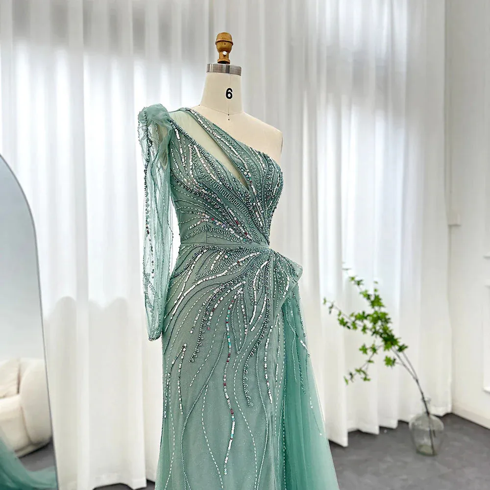 Luxury One Shoulder Green Evening Dress with Overskirt SS160