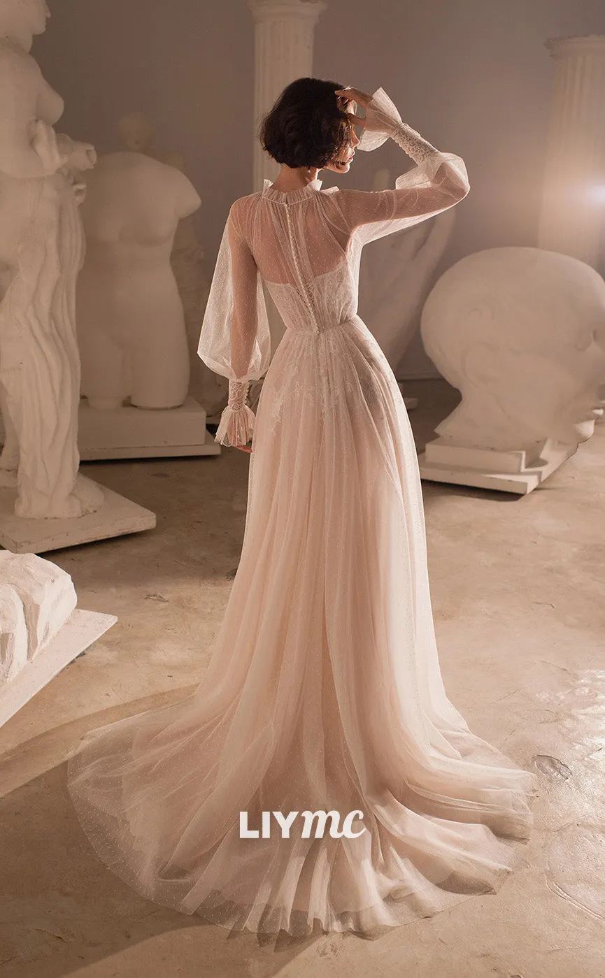 LW088 - Elegant A Line High Neck Long Sleeves Sheer Lace Tulle Long Wedding Dress