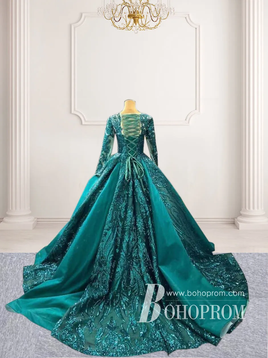 Marvelous Satin Long Sleeves Ball Gown Evening Dresses With Sequins Appliques PD823