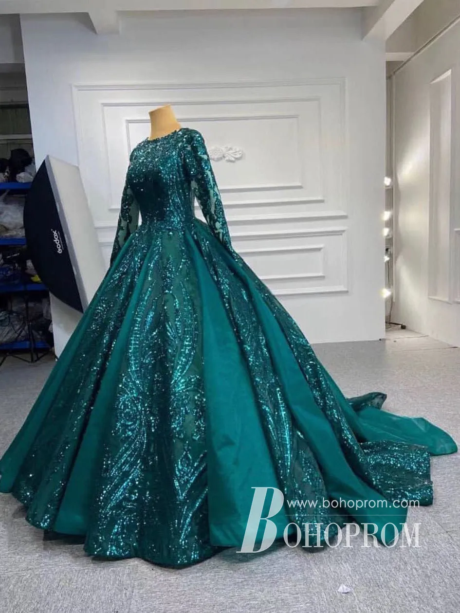 Marvelous Satin Long Sleeves Ball Gown Evening Dresses With Sequins Appliques PD823