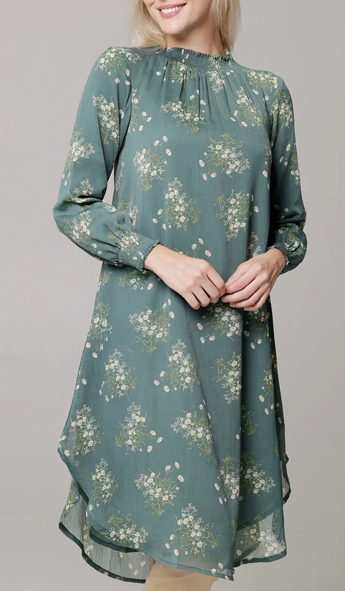 Miral Modest Essential Long Print Chiffon Midi - Jade Floral - PREORDER (ships in 2 weeks)