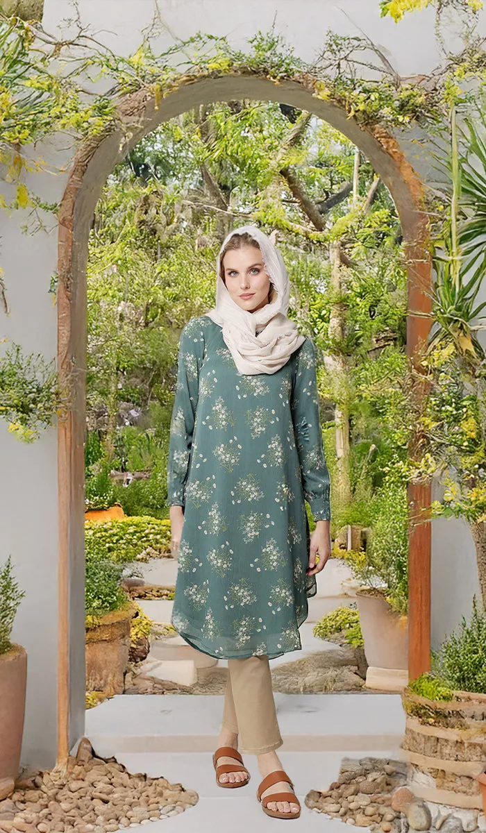 Miral Modest Essential Long Print Chiffon Midi - Jade Floral - PREORDER (ships in 2 weeks)