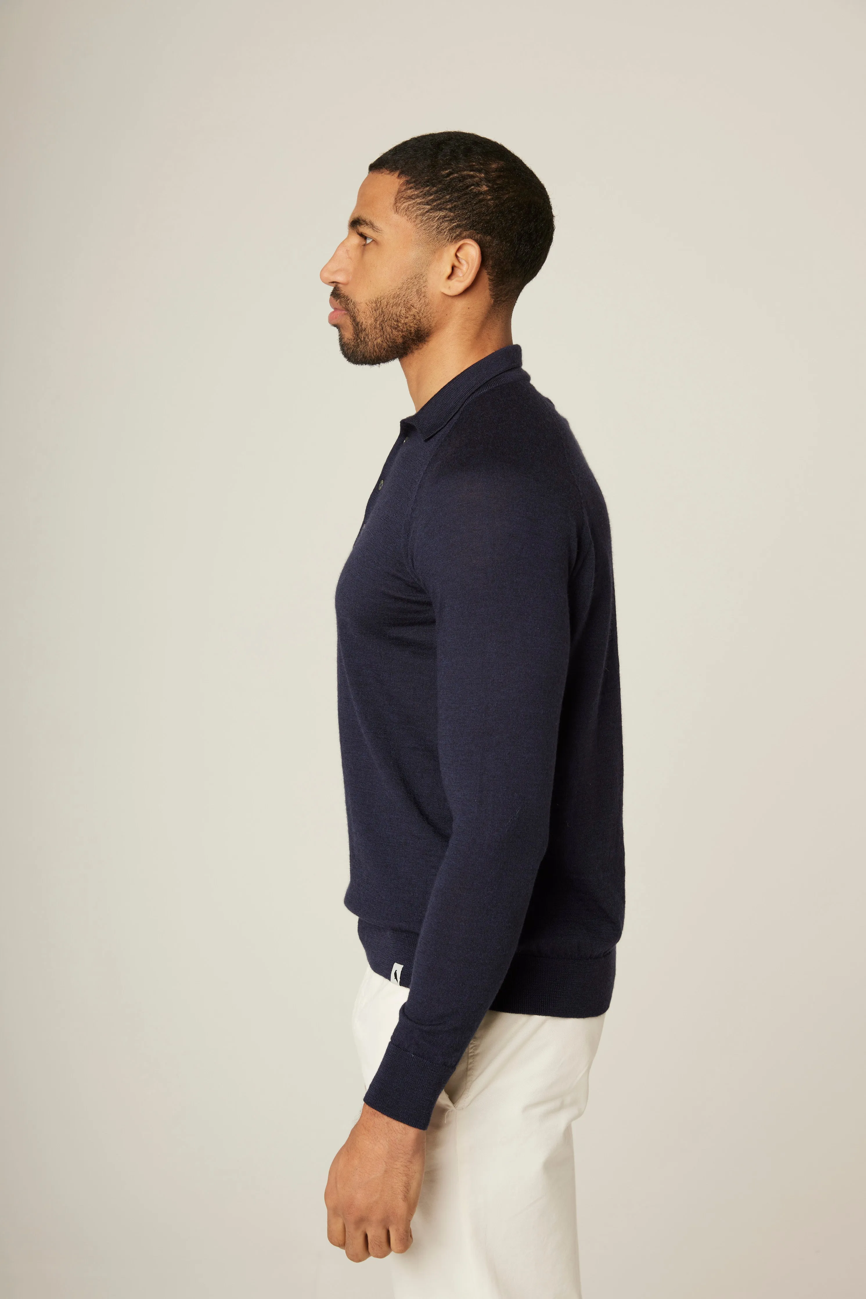 Navy Long Sleeve Wool Polo