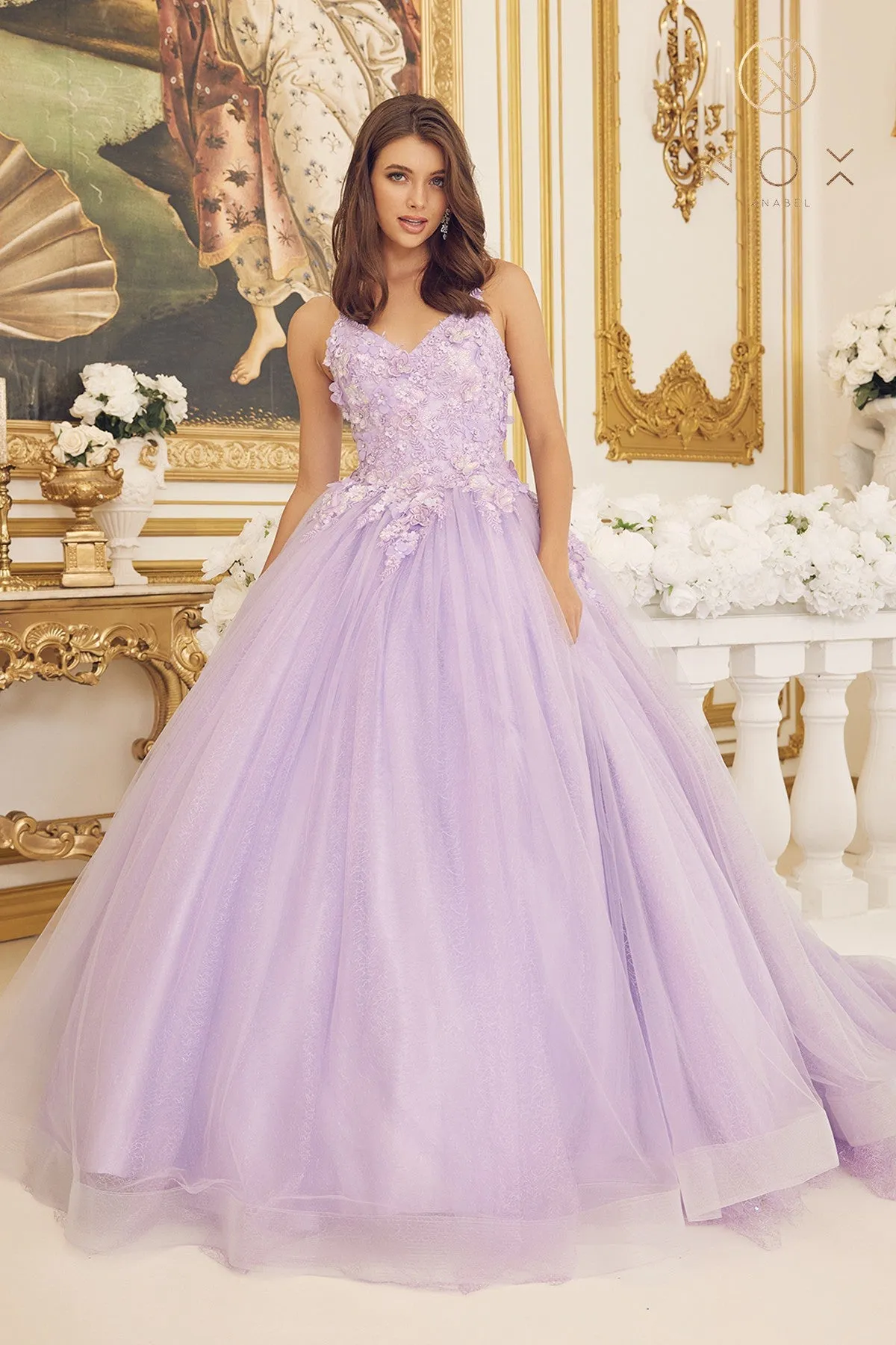 Nox Anabel CU1115 Size 4, 10 Lilac Long Shimmer Ballgown 3D Lace Sequin Prom Dress Train Formal Gown