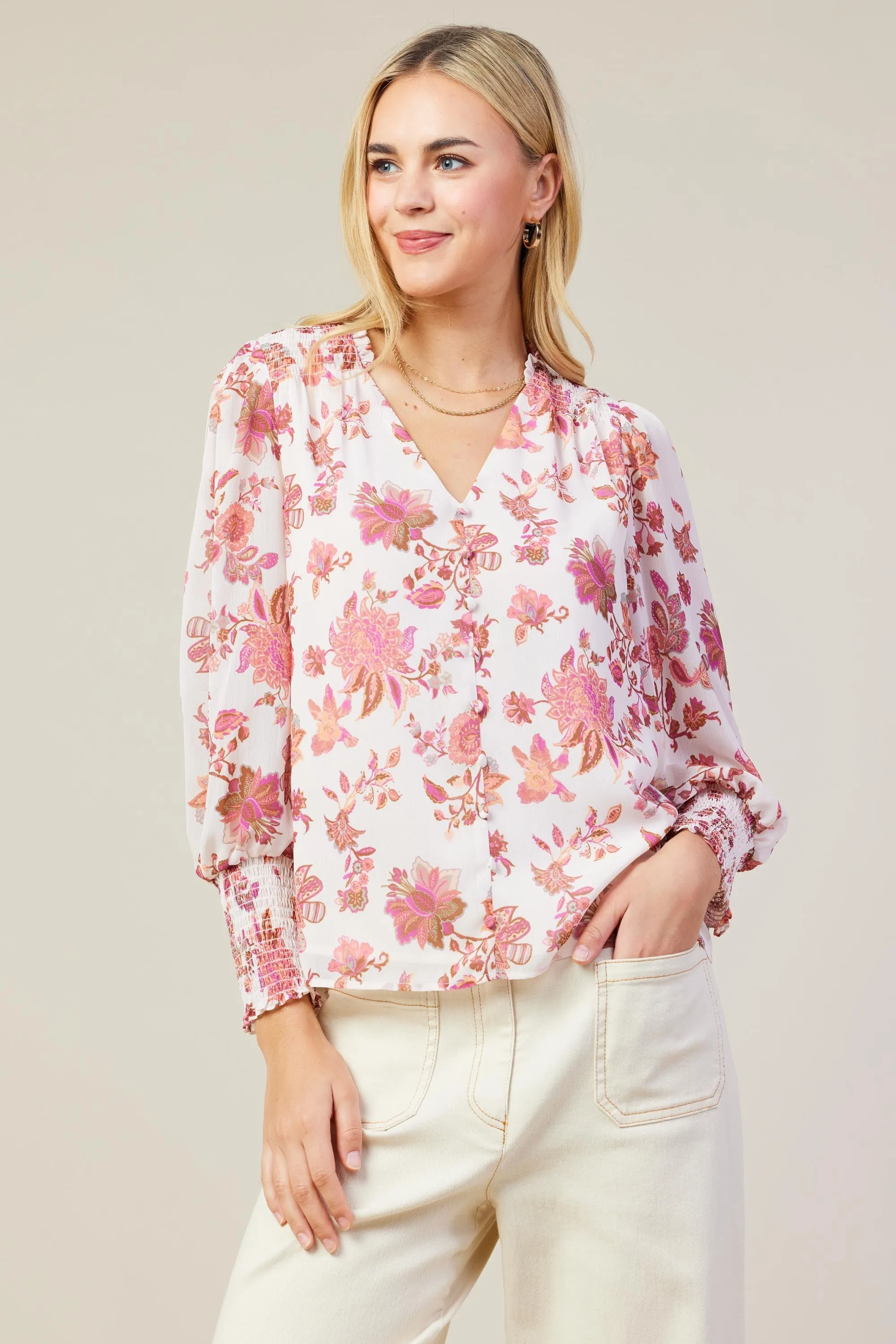 Octavia Floral Print Top, Blush-Mulberry