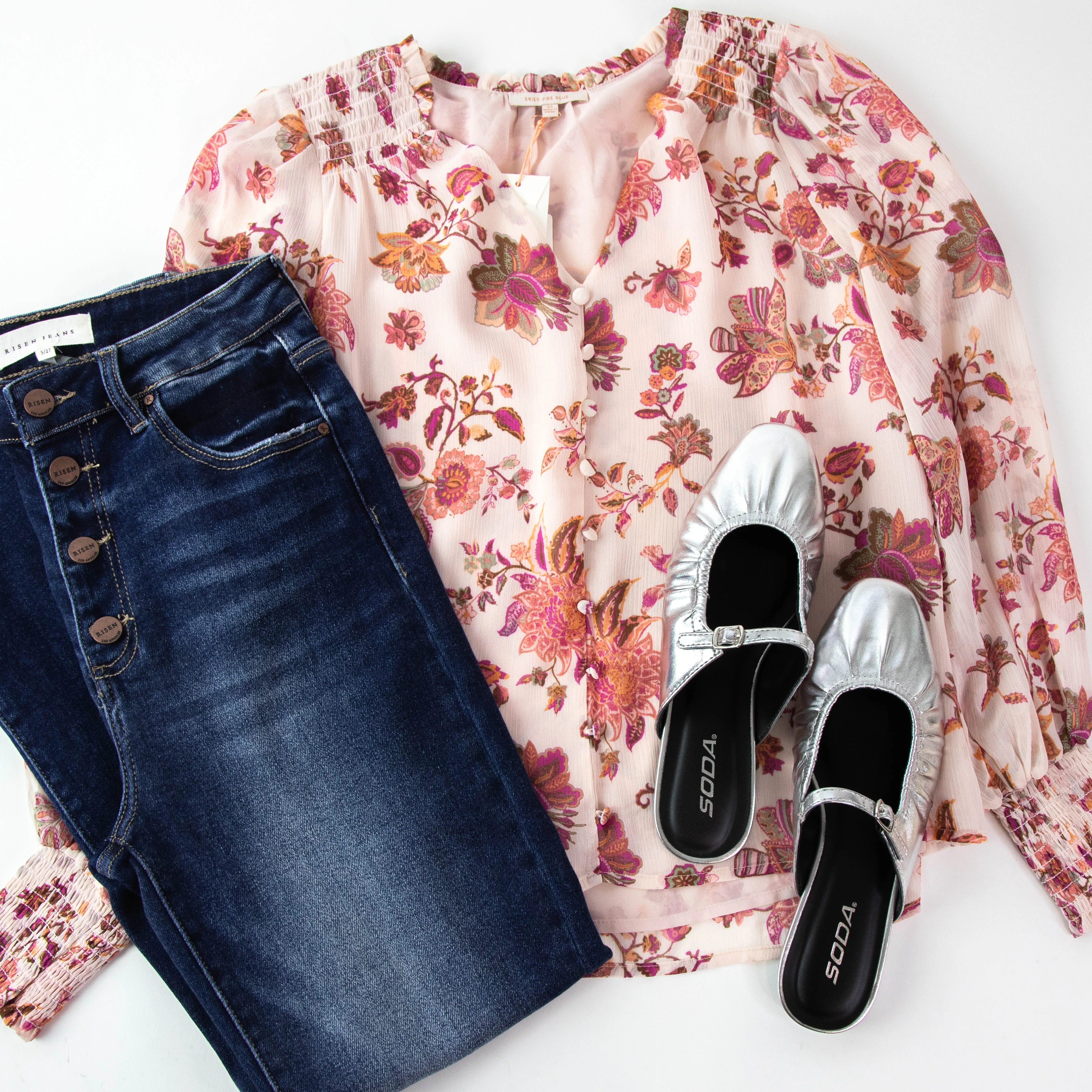 Octavia Floral Print Top, Blush-Mulberry