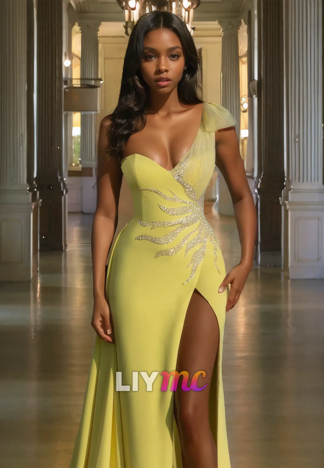 One Shoulder Sleeveless Appliques Sleek Side Slit Sheath Prom Dress