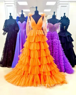 Orange V-Neck Bow Straps Ruffled Tulle Long Prom Dress with Slit lpk8036
