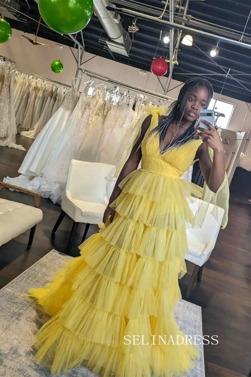 Orange V-Neck Bow Straps Ruffled Tulle Long Prom Dress with Slit lpk8036
