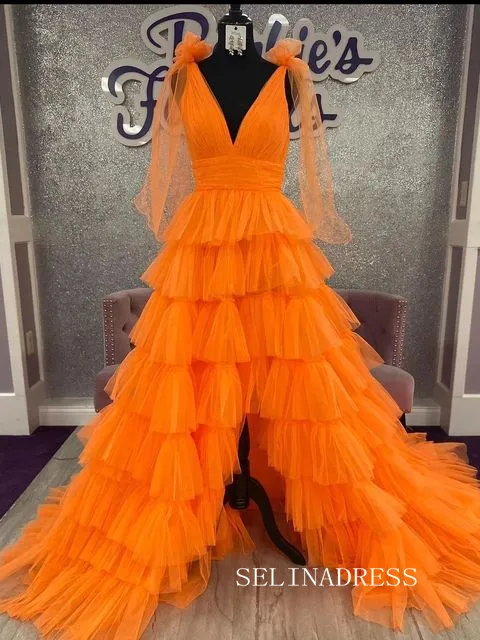 Orange V-Neck Bow Straps Ruffled Tulle Long Prom Dress with Slit lpk8036