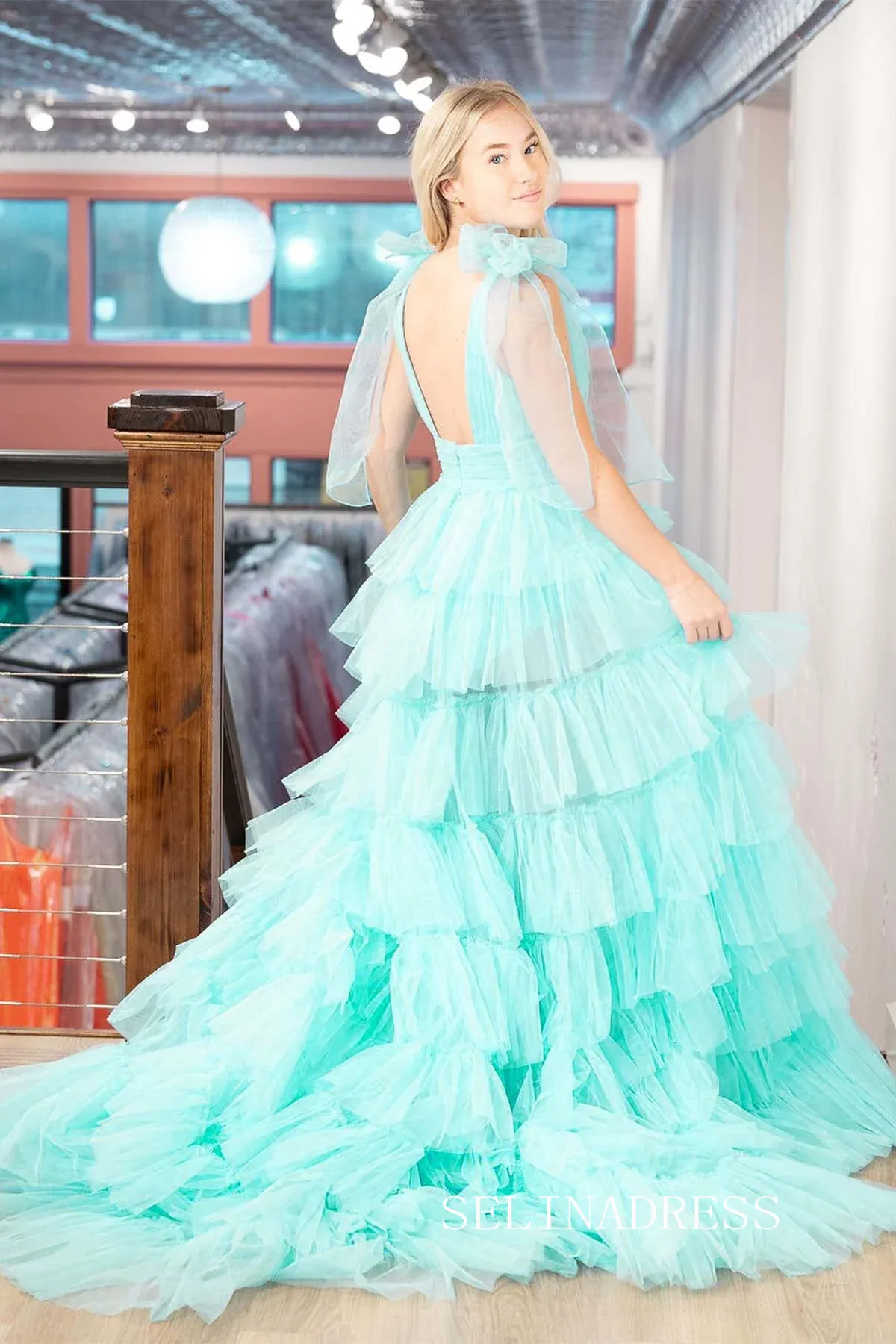 Orange V-Neck Bow Straps Ruffled Tulle Long Prom Dress with Slit lpk8036