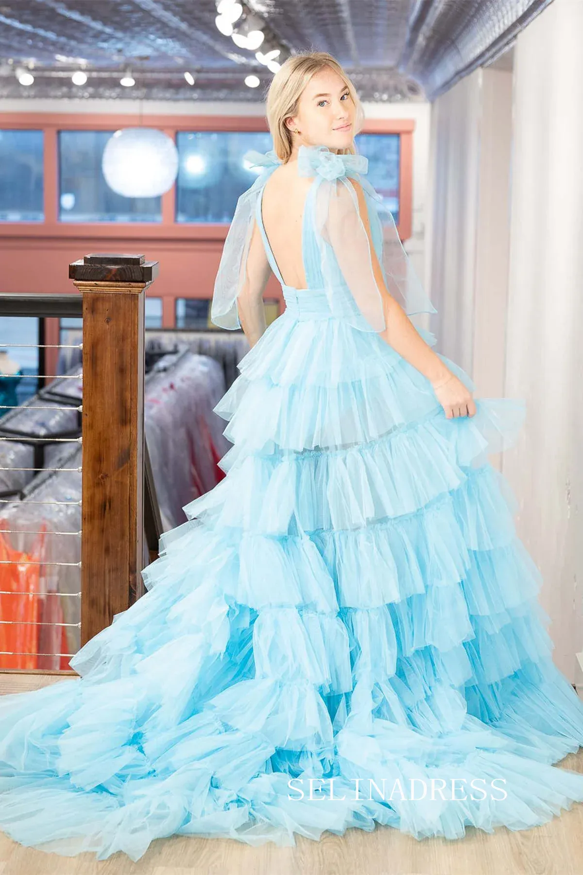 Orange V-Neck Bow Straps Ruffled Tulle Long Prom Dress with Slit lpk8036