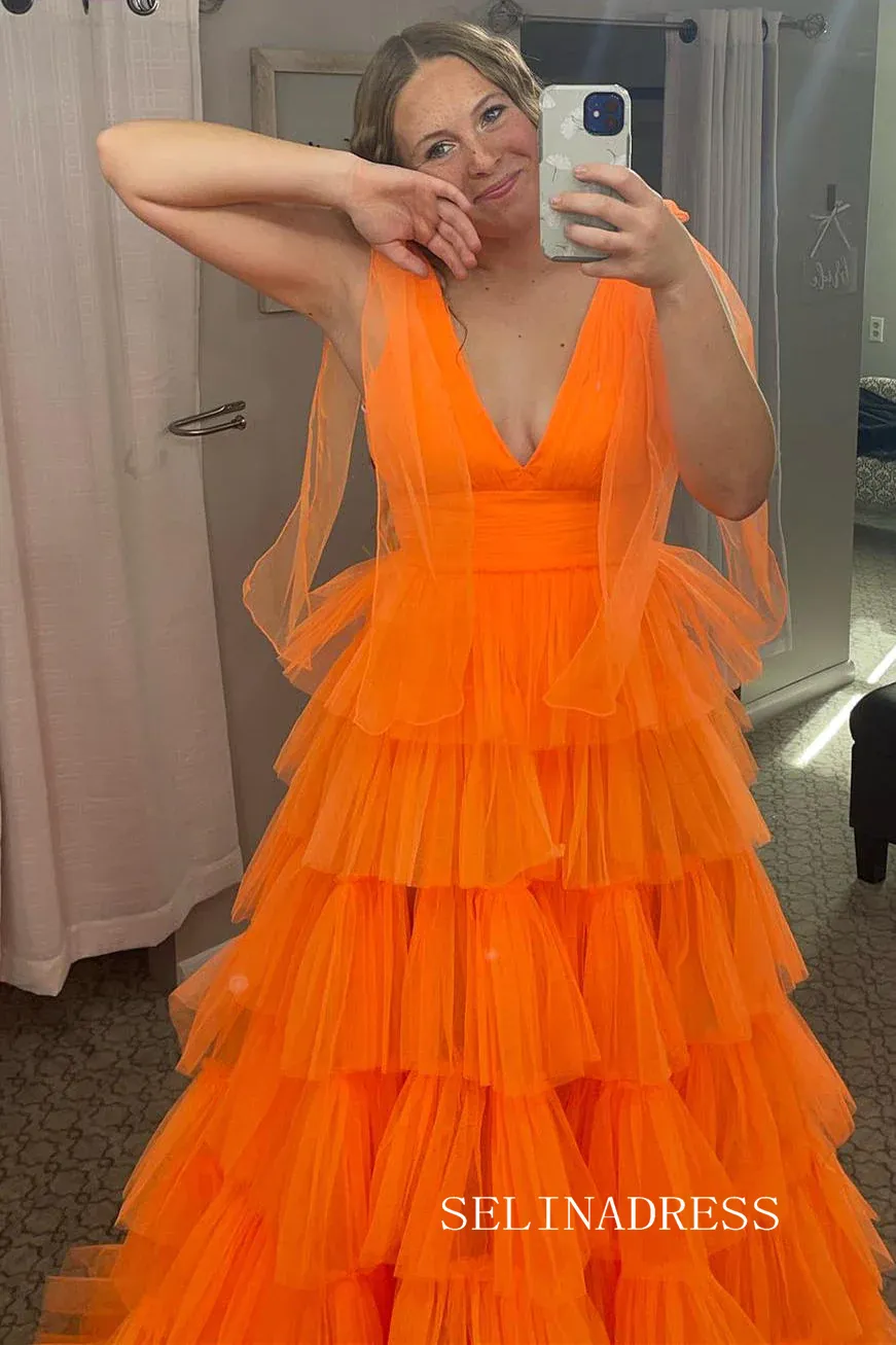 Orange V-Neck Bow Straps Ruffled Tulle Long Prom Dress with Slit lpk8036