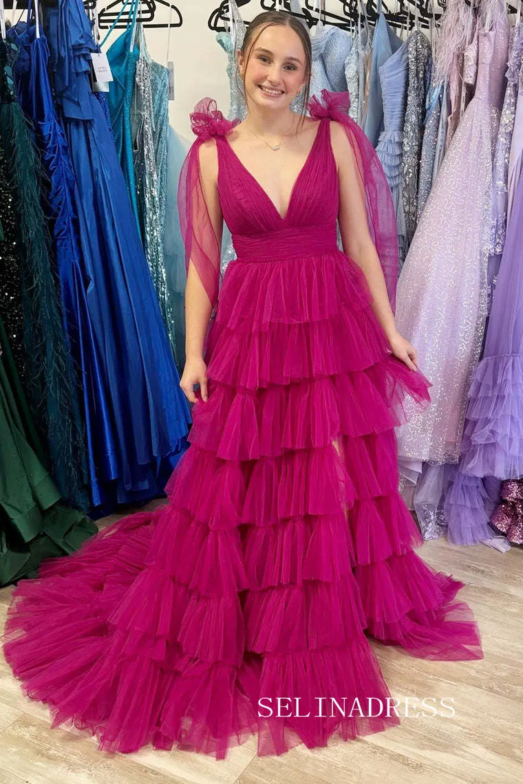 Orange V-Neck Bow Straps Ruffled Tulle Long Prom Dress with Slit lpk8036